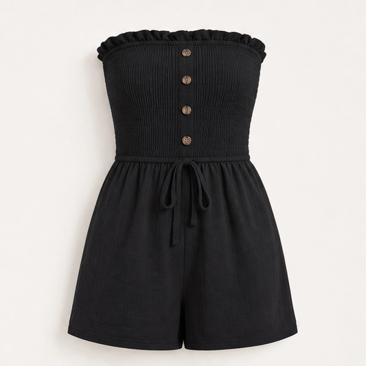 Solene – Strapless Shirred Ruffle Wide-Leg Romper + 50% OFF