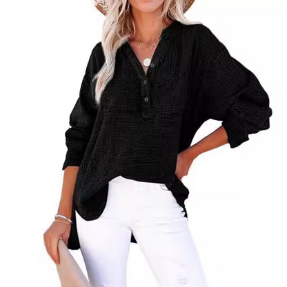 Breezia Luxe Women’s Casual Gauze Button Neck Long Sleeve Blouse - Lightweight Everyday Comfort - 70% OFF