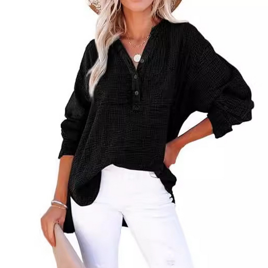 Breezia Luxe Women’s Casual Gauze Button Neck Long Sleeve Blouse - Lightweight Everyday Comfort - 70% OFF