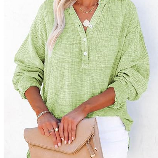 Breezia Luxe Women’s Casual Gauze Button Neck Long Sleeve Blouse - Lightweight Everyday Comfort - 70% OFF