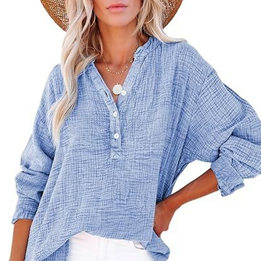 Breezia Luxe Women’s Casual Gauze Button Neck Long Sleeve Blouse - Lightweight Everyday Comfort - 70% OFF