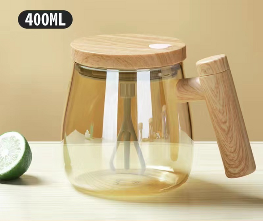 Brewell™ – Self-Stirring Glass Mug with Wood-Grain Lid & One-Touch Whisk + 50% OFF