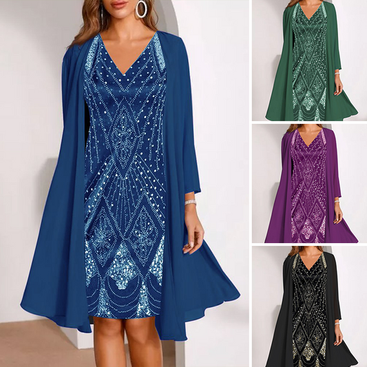 Veletta – Two-Piece V-Neck Dress with Sheer Chiffon Jacket + 50% OFF
