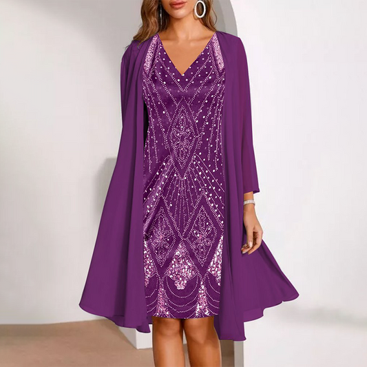 Veletta – Two-Piece V-Neck Dress with Sheer Chiffon Jacket + 50% OFF