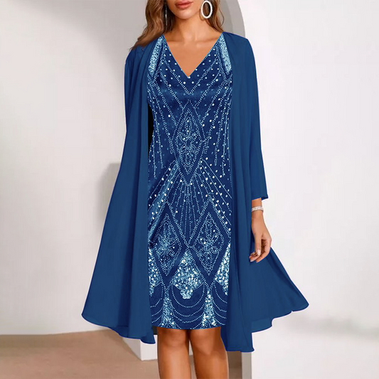 Veletta – Two-Piece V-Neck Dress with Sheer Chiffon Jacket + 50% OFF