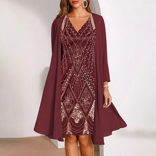 Veletta – Two-Piece V-Neck Dress with Sheer Chiffon Jacket + 50% OFF