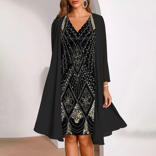 Veletta – Two-Piece V-Neck Dress with Sheer Chiffon Jacket + 50% OFF