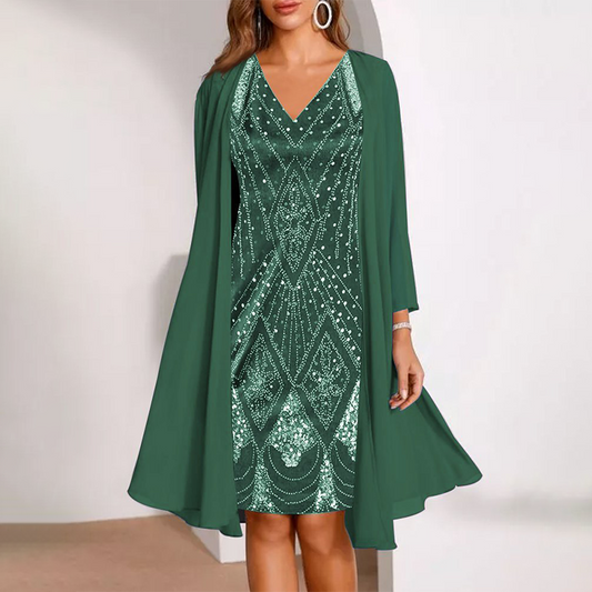 Veletta – Two-Piece V-Neck Dress with Sheer Chiffon Jacket + 50% OFF