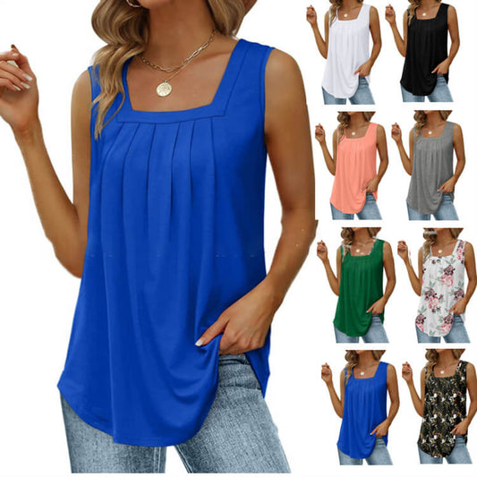 Plissette – Pleated Square Neck Flowy Tank Top + 50% OFF