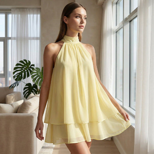 Solenne – Flowy Layered Halter Mini Dress with Open Back + 50% OFF