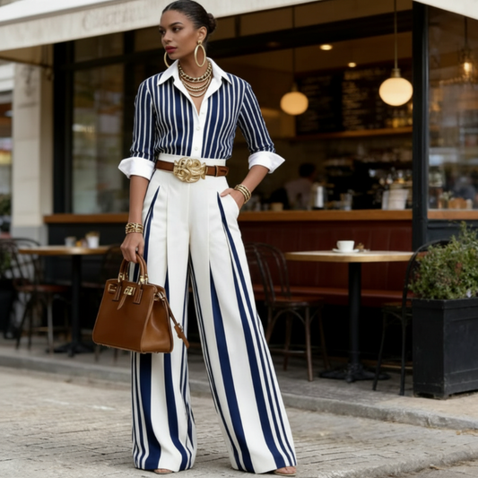 Portofina – Striped Shirt & Wide-Leg Pants Two-Piece Set + 50% OFF