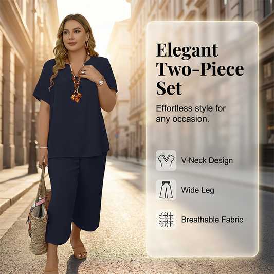 Drapelle™ – Breathable 2-Piece V-Neck Top & Wide-Leg Pants Set + 50% OFF