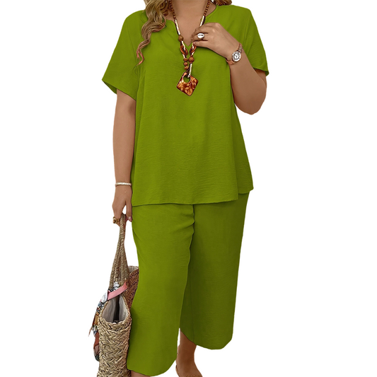 Drapelle™ – Breathable 2-Piece V-Neck Top & Wide-Leg Pants Set + 50% OFF