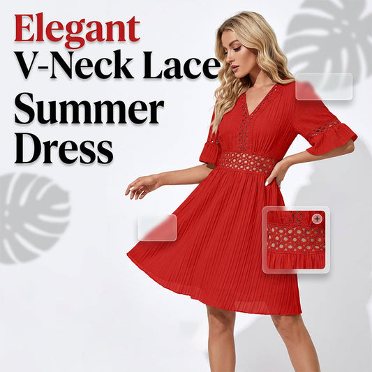 Solmara – V-Neck Lace Waist Pleated Summer Dress + 50% OFF