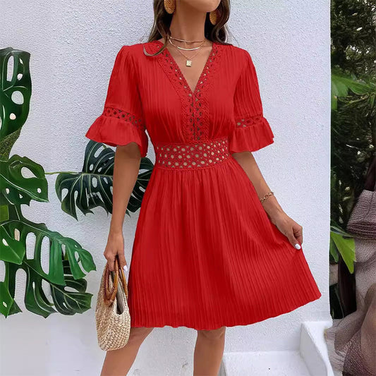 Solmara – V-Neck Lace Waist Pleated Summer Dress + 50% OFF