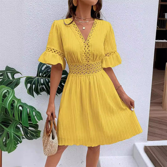 Solmara – V-Neck Lace Waist Pleated Summer Dress + 50% OFF
