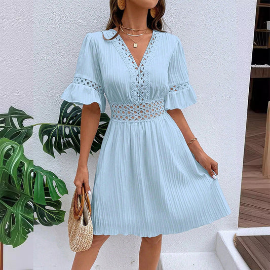 Solmara – V-Neck Lace Waist Pleated Summer Dress + 50% OFF