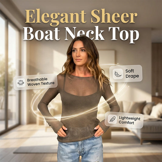 Velaura™ – Sheer Long Sleeve Boat Neck Layering Top + 50% OFF