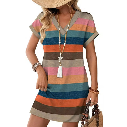 Solène™ – Relaxed V-Neck Striped Summer T-Shirt Dress with Pockets + 50% OFF