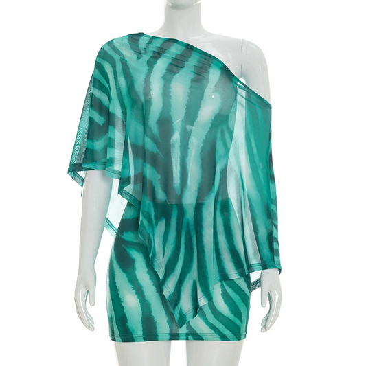 Tigresse – Asymmetric Sheer Shawl Top & Mini Skirt Set + 50% OFF