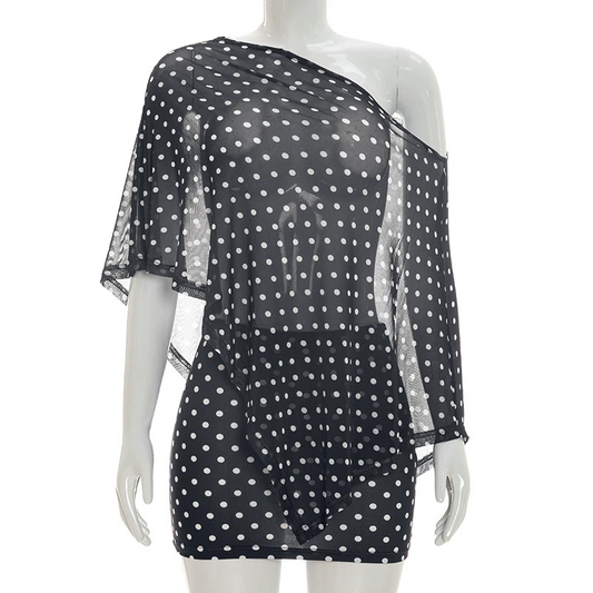 Tigresse – Asymmetric Sheer Shawl Top & Mini Skirt Set + 50% OFF
