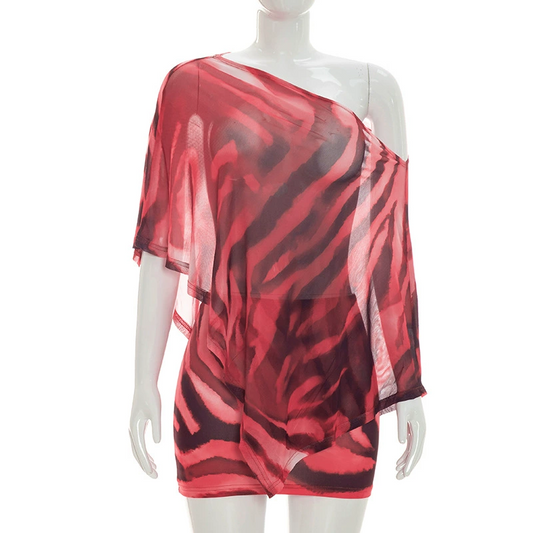 Tigresse – Asymmetric Sheer Shawl Top & Mini Skirt Set + 50% OFF
