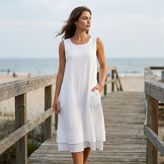 Solenne – Double-Layer Sleeveless Midi Dress with Pockets + 50% OFF