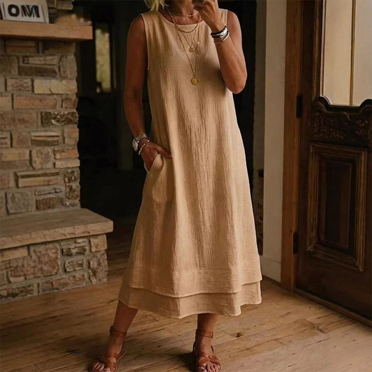 Solenne – Double-Layer Sleeveless Midi Dress with Pockets + 50% OFF