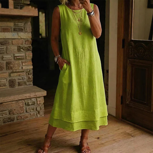 Solenne – Double-Layer Sleeveless Midi Dress with Pockets + 50% OFF