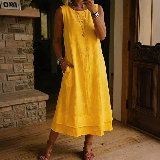 Solenne – Double-Layer Sleeveless Midi Dress with Pockets + 50% OFF
