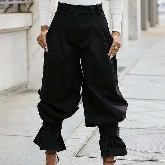 Pleatelle – High-Waist Pleated Lantern Pants with Ruffled Tie Cuffs + 50% OFF