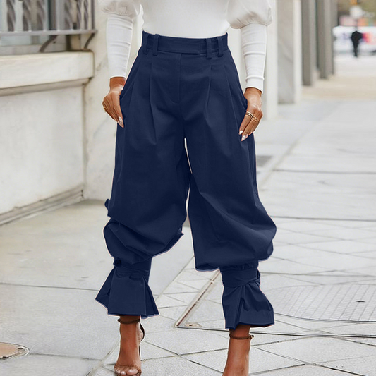 Pleatelle – High-Waist Pleated Lantern Pants with Ruffled Tie Cuffs + 50% OFF