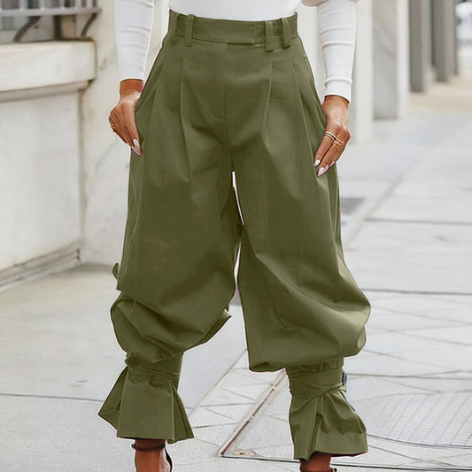 Pleatelle – High-Waist Pleated Lantern Pants with Ruffled Tie Cuffs + 50% OFF
