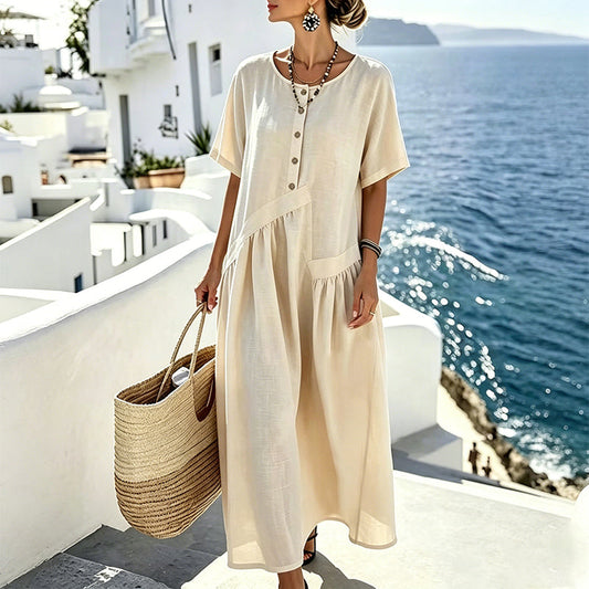 Solterra – Breathable Cotton-Linen Maxi Dress with Button Front & Pockets + 50% OFF