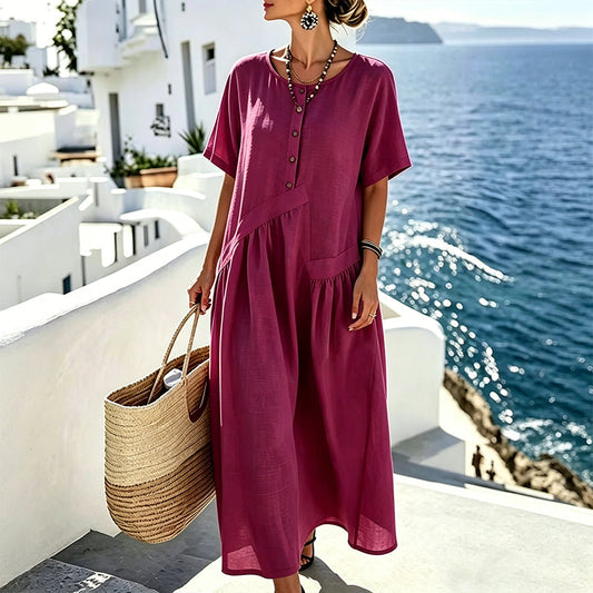 Solterra – Breathable Cotton-Linen Maxi Dress with Button Front & Pockets + 50% OFF