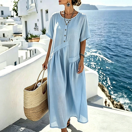 Solterra – Breathable Cotton-Linen Maxi Dress with Button Front & Pockets + 50% OFF