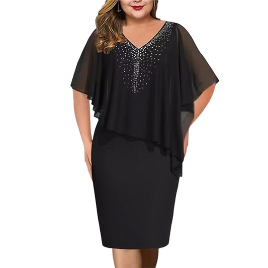 Soirelle – Rhinestone Cape Overlay V-Neck Cocktail Dress + 50% OFF
