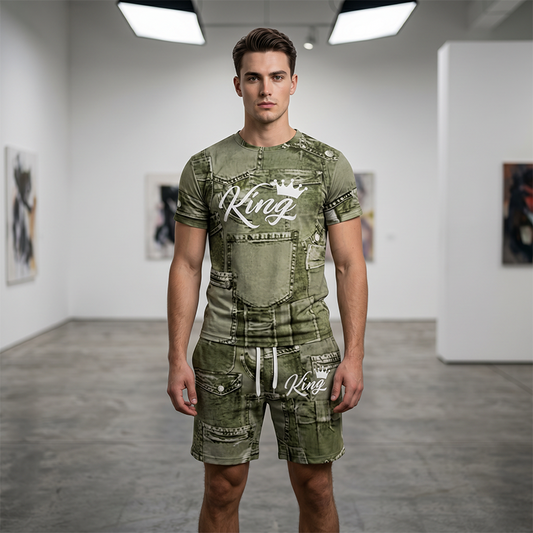 Kingswell – Breathable Faux Denim Print T-Shirt & Shorts Set + 50% OFF