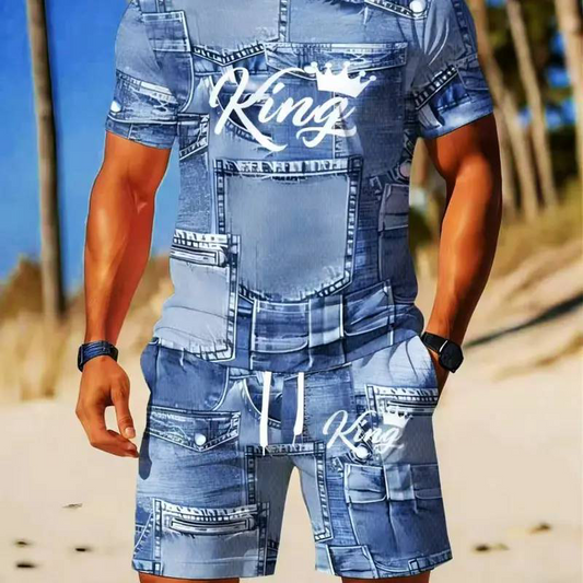 Kingswell – Breathable Faux Denim Print T-Shirt & Shorts Set + 50% OFF