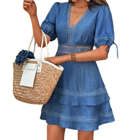 Rosella – V-Neck Lace Trim Tiered Ruffle Mini Dress + 50% OFF