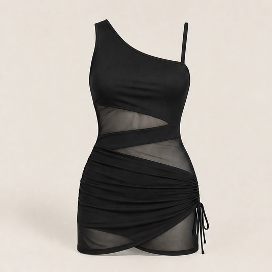 Solmara – One-Shoulder Swim Dress with Mesh Detail & Tummy Control + 50% OFF