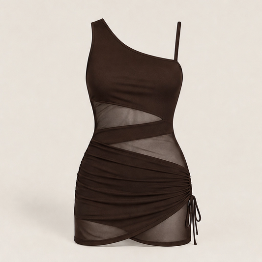 Solmara – One-Shoulder Swim Dress with Mesh Detail & Tummy Control + 50% OFF