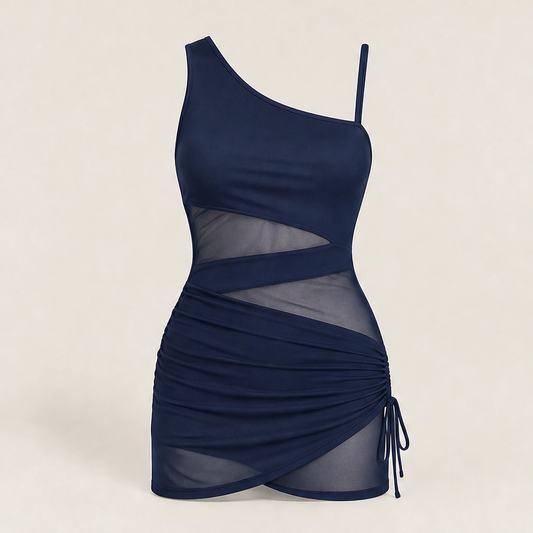 Solmara – One-Shoulder Swim Dress with Mesh Detail & Tummy Control + 50% OFF
