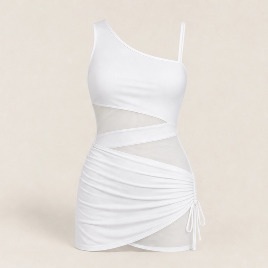 Solmara – One-Shoulder Swim Dress with Mesh Detail & Tummy Control + 50% OFF